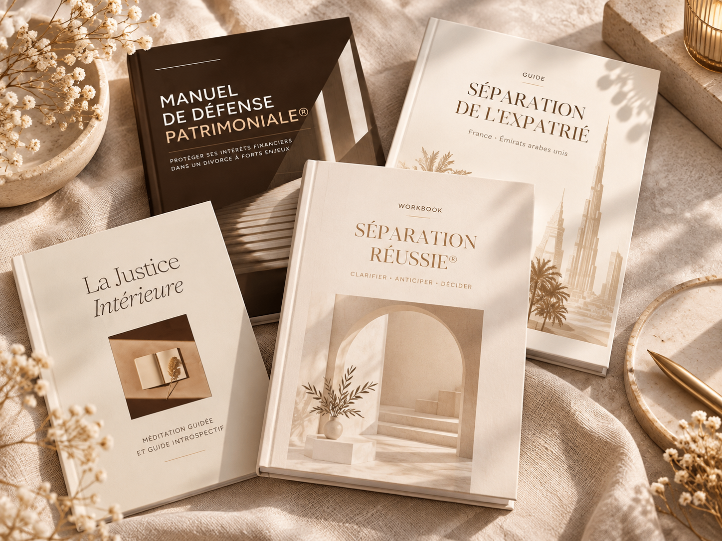Ouvrages de La Collection posés sur un lin beige : Manuel de Défense Patrimoniale®, Workbook Séparation Réussie®, Guide de l'expatrié et La Justice Intérieure.